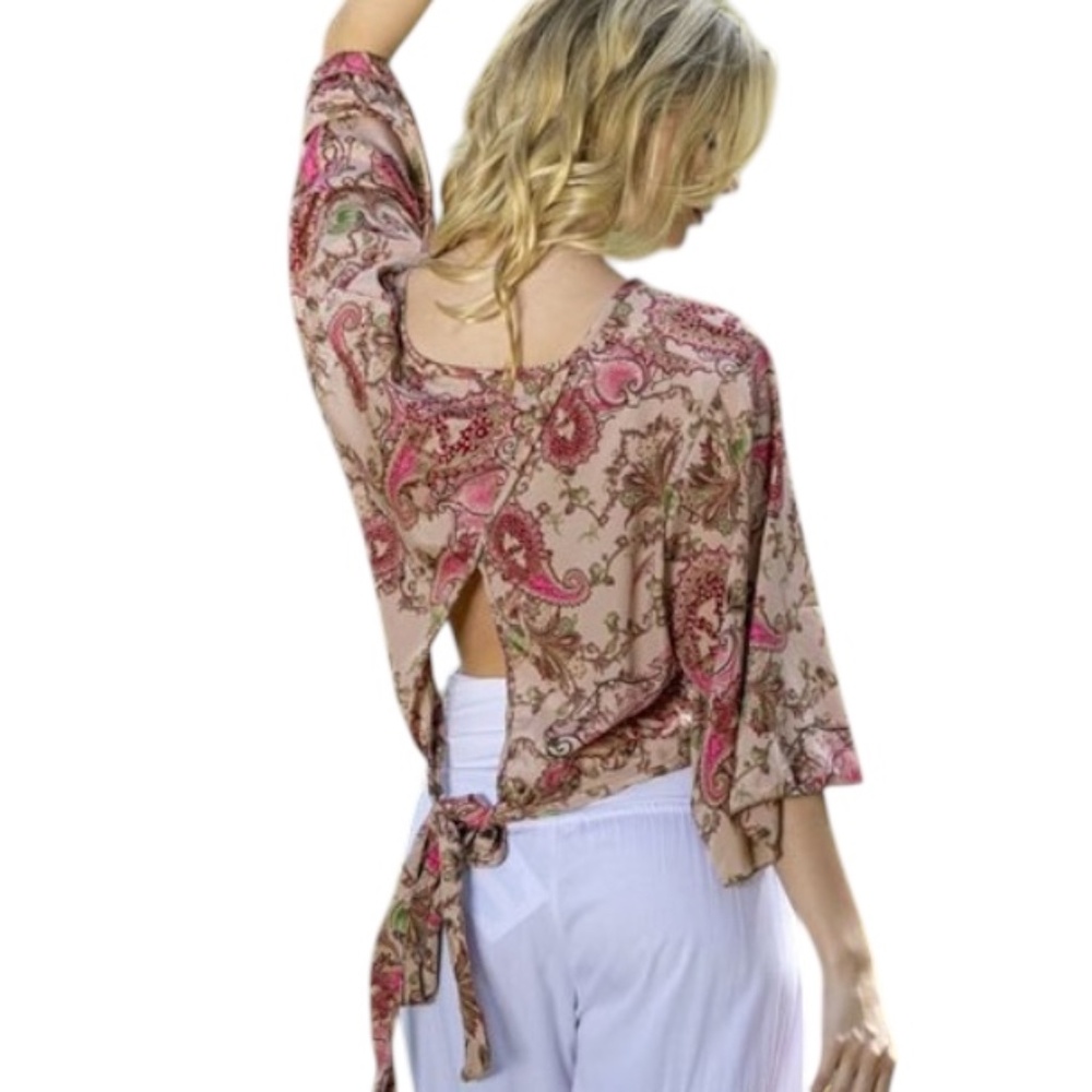 Silk Blend Cross Back Top Blouse Cienna Blush Pink Paisley Blue Boho Sz. S-M NWT